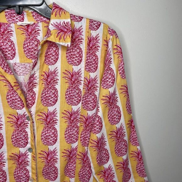 KATIA Cover-Up Womens S / M Pineapple Print Button-Up Tunic Top Linen Blend Pink - Picture 2 of 8